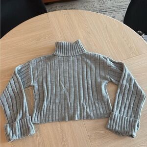 Gray Ribbed Cropped Turtleneck Sweater